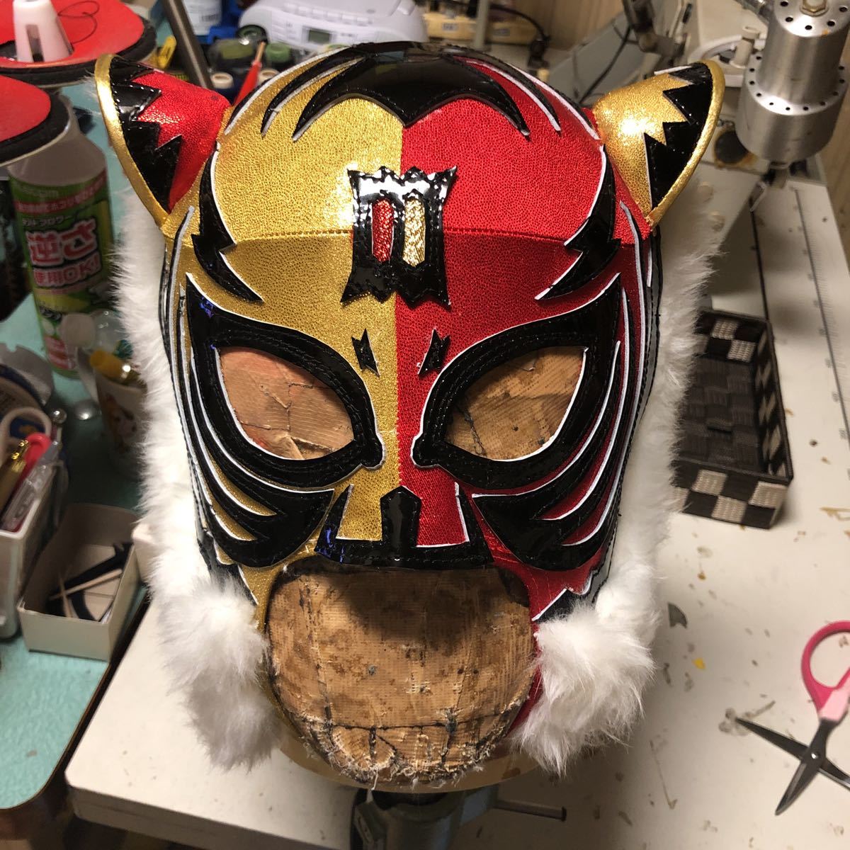 初代タイガーマスクIII金×赤ツートン すっぽりマスク 顎ゴム式 脱着 