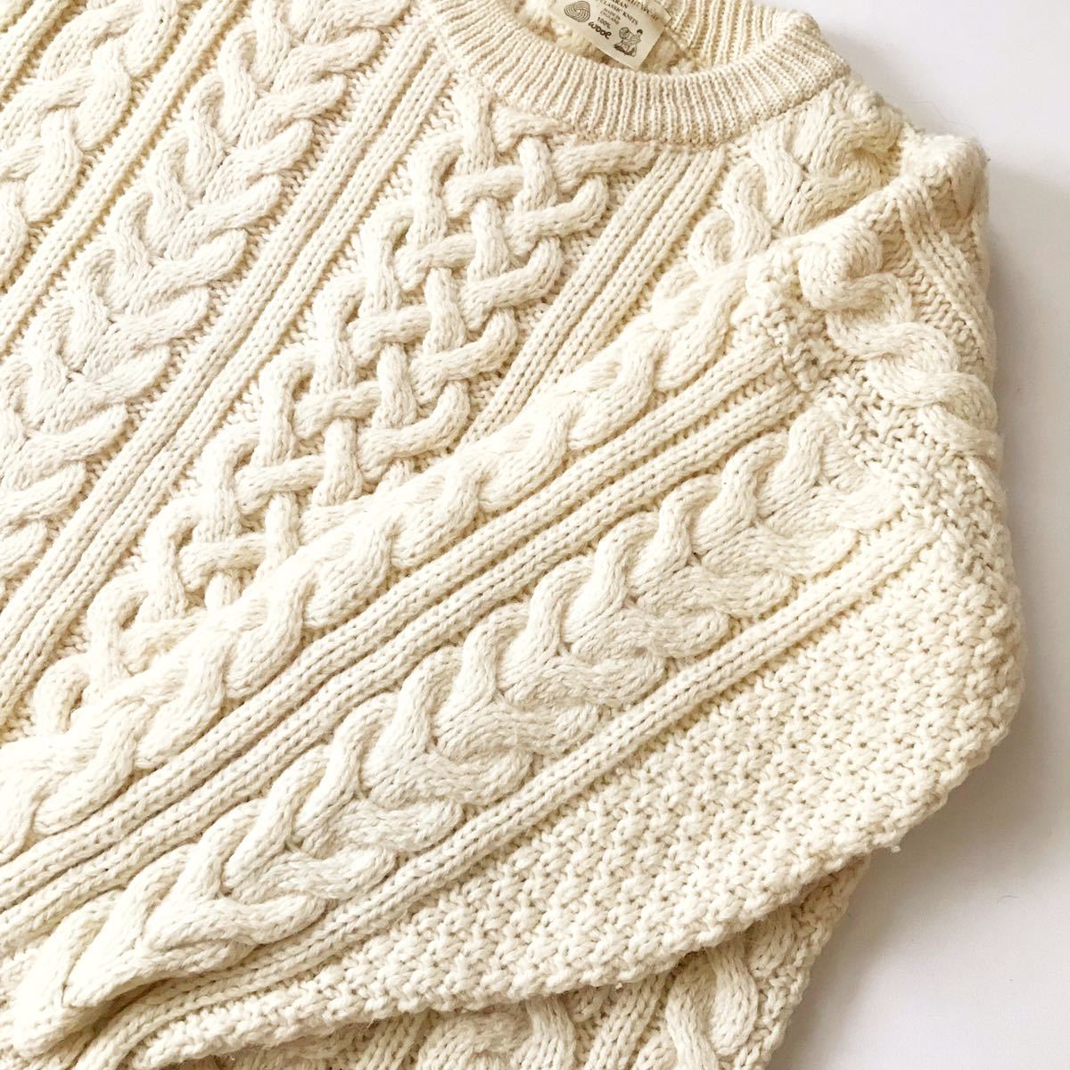 80s イングランド製 Cottage Knitwear ローゲージアランセーター 生成 