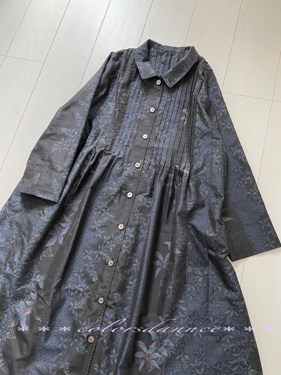 ☆新品未使用 大島紬 前開きピンタックワンピース☆ハンドメイド 