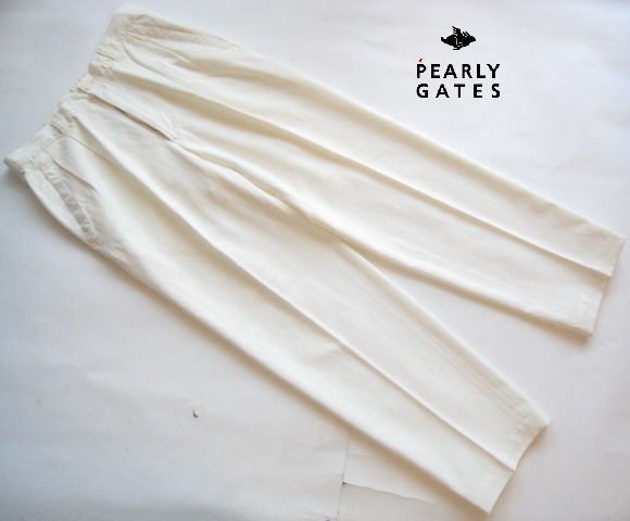 美品!!パーリーゲイツ PEARLY GATES*ロゴタグ付き 2プリーツ テンセルコットンパンツ 4 W84 実寸L 白 ホワイト