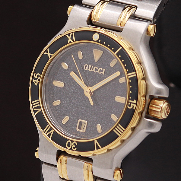 1円☆稼働◎美品【GUCCI/グッチ】9700L デイト ローマンベゼル 黒系 