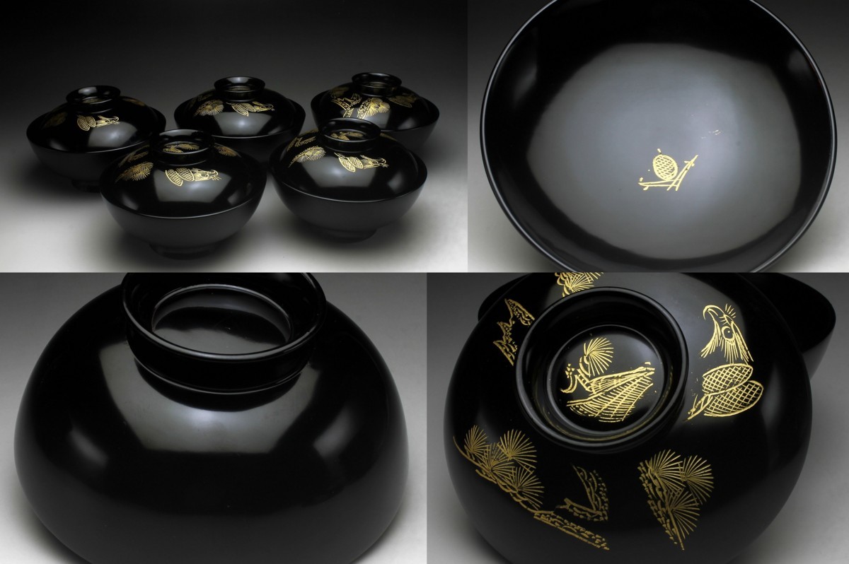 407824 茶道具 懐石膳 木製黒塗 沈金 山水蒔絵 5枚揃 四方膳