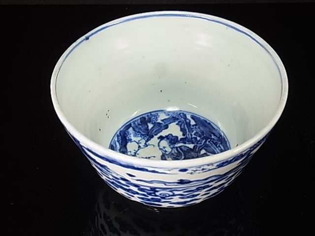 華中亭道八造 染付漢詩山水文 煎茶碗五客 時代箱 M R6519