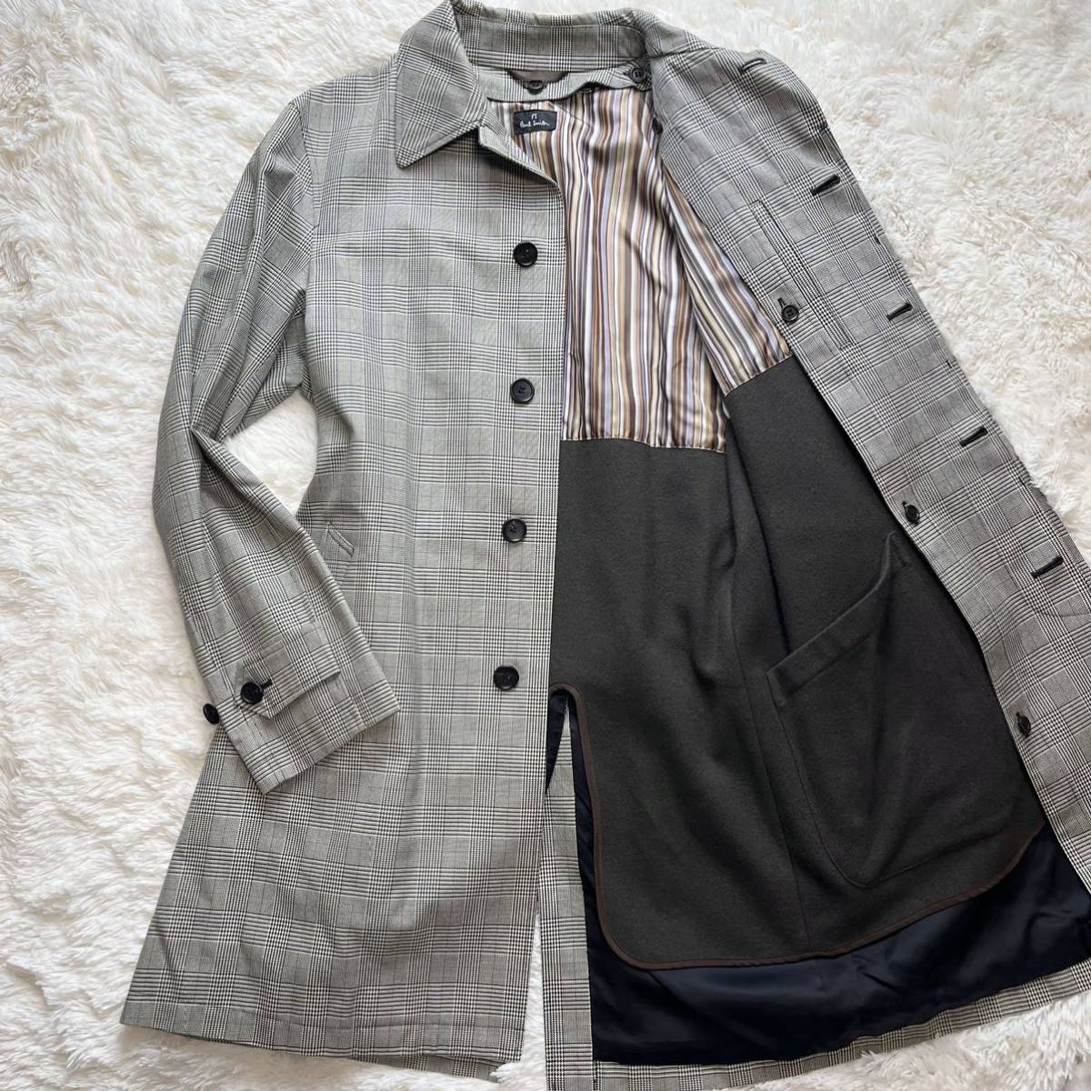 極美品 PS ポールスミス 人気デザイン 『千鳥格子柄』 PS Paul Smith ステンカラーコート ライナー付き マルチストライプ グレー系 Lサイズ Smith Paul ポールスミス SMITH（ポールスミス)中古・古着オンライン通販 PAUL ダブルチェスターコート