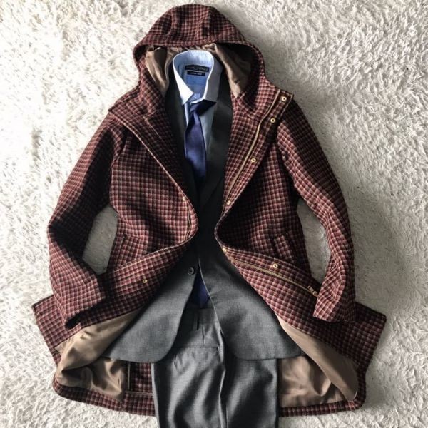 416 新品【カシミヤ素材の高級感×裏地ゴールド】新品　エディフィス英国調　カシミヤ×ウール千鳥格子ハウンドトゥース　フードコート チェスターコート エディフィス EDIFICE ウィリアムモリス 花柄 カラー2色