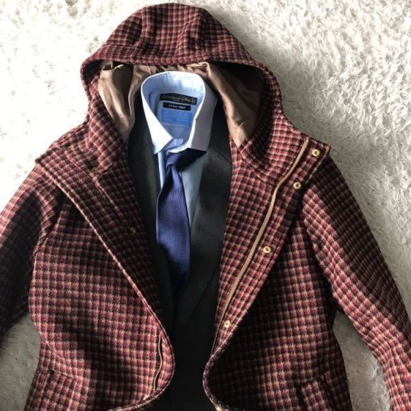 416 新品【カシミヤ素材の高級感×裏地ゴールド】新品　エディフィス英国調　カシミヤ×ウール千鳥格子ハウンドトゥース　フードコート チェスターコート エディフィス EDIFICE ウィリアムモリス 花柄 カラー2色