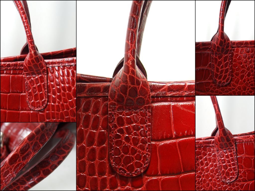 LONGCHAMP レザー 型押し ハンドバッグ レッド ロンシャン ☆LONGCHAMP ロゾ クロコ 型押し レザー ハンドバッグ トートバッグ