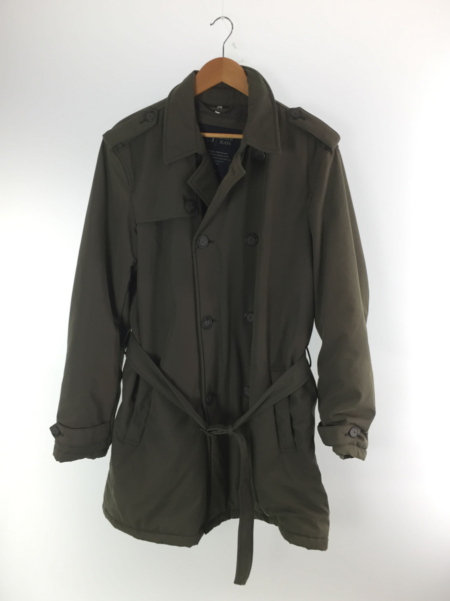 ARMANI JEANS◆中綿コート/ベルト付/トレンチコート/L/コットン/カーキ/緑/無地/中古