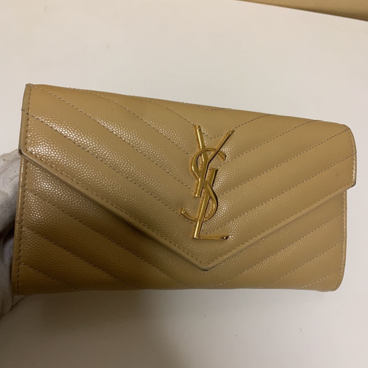★箱付美品☆サンローラン Vステッチ ベージュ レザー ラウンドファスナー長財布 美品 SAINT LAURENT サンローラン Vステッチ ベージュ 長財布 い