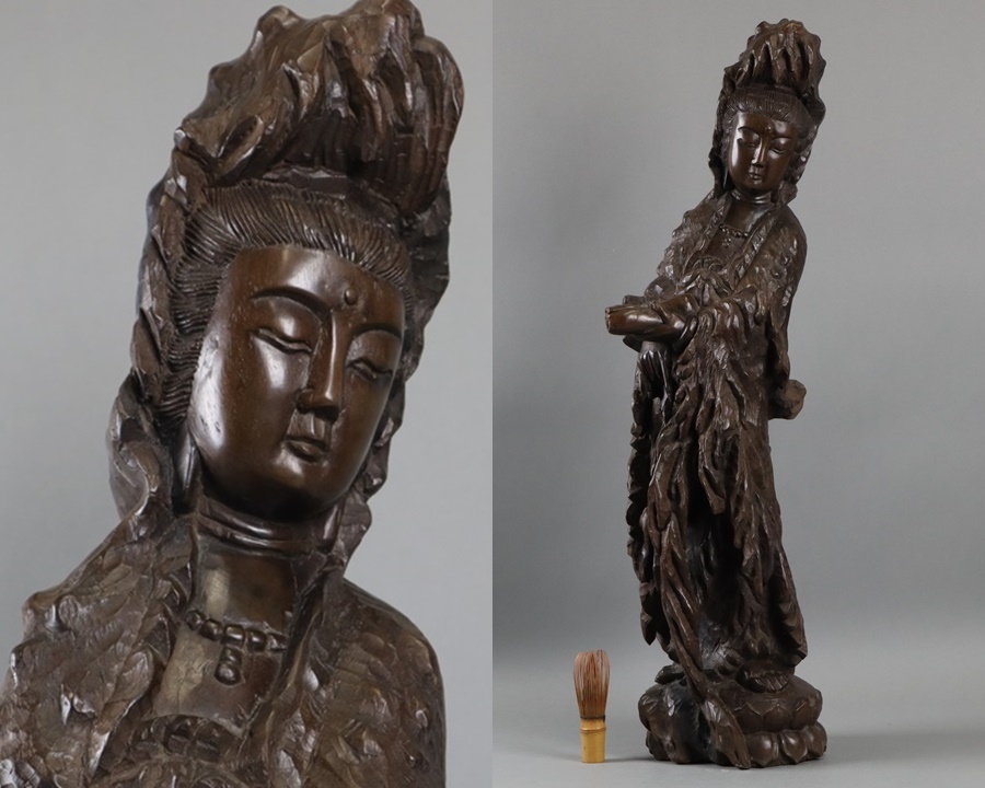唐木 老人像 一刀彫 中国 中国古玩 天然木 立像 時代物 骨董 中国古玩 古木彫 唐木 竜眼木 観音立像 高76cm 仏像 手彫 唐物