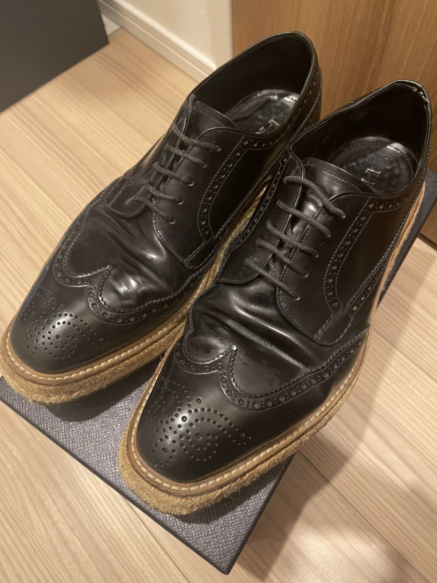 PRADA エスパドリーユ 8.5 レザー シューズ ウィングチップ 厚底 