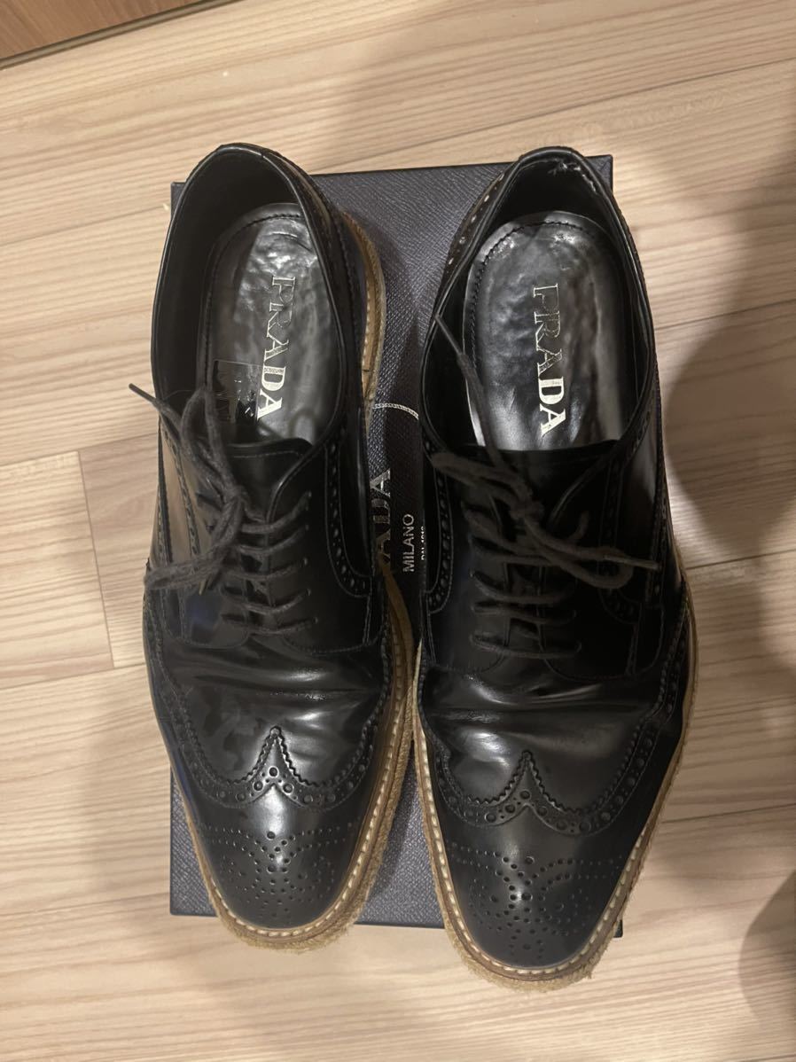 PRADA エスパドリーユ 8.5 レザー シューズ ウィングチップ 厚底 