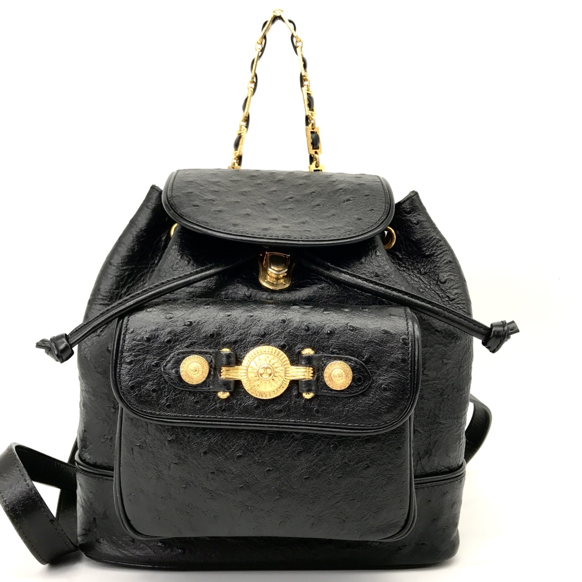 【極美品】VERSACE オーストリッチ リュック サンバースト ピンク M2347 1円 美品 VERSACE ヴェルサーチ オーストリッチ 型押し 太陽