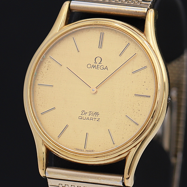 1円★稼働品【OMEGA/オメガ】デビル ゴールド文字盤 スイス製 QZ メンズ腕時計 A0168995