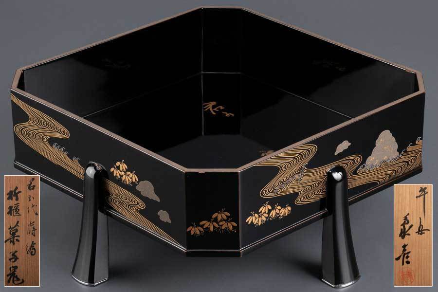 真】平安象彦 君が代蒔絵折櫃菓子器 共箱 8892 共箱 草花