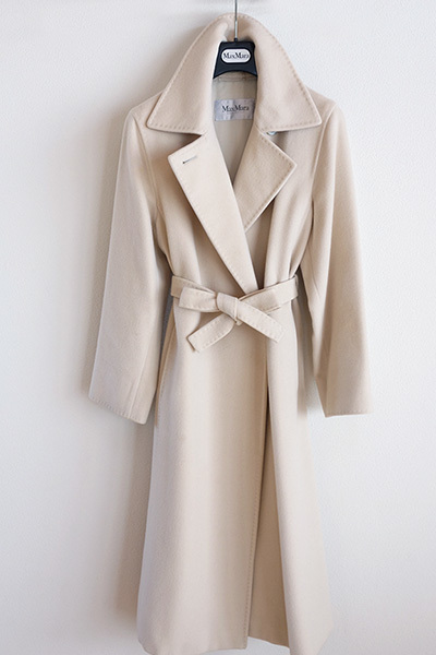 MaxMara□マックスマーラカシミアウールベルテッドロングコート□白 