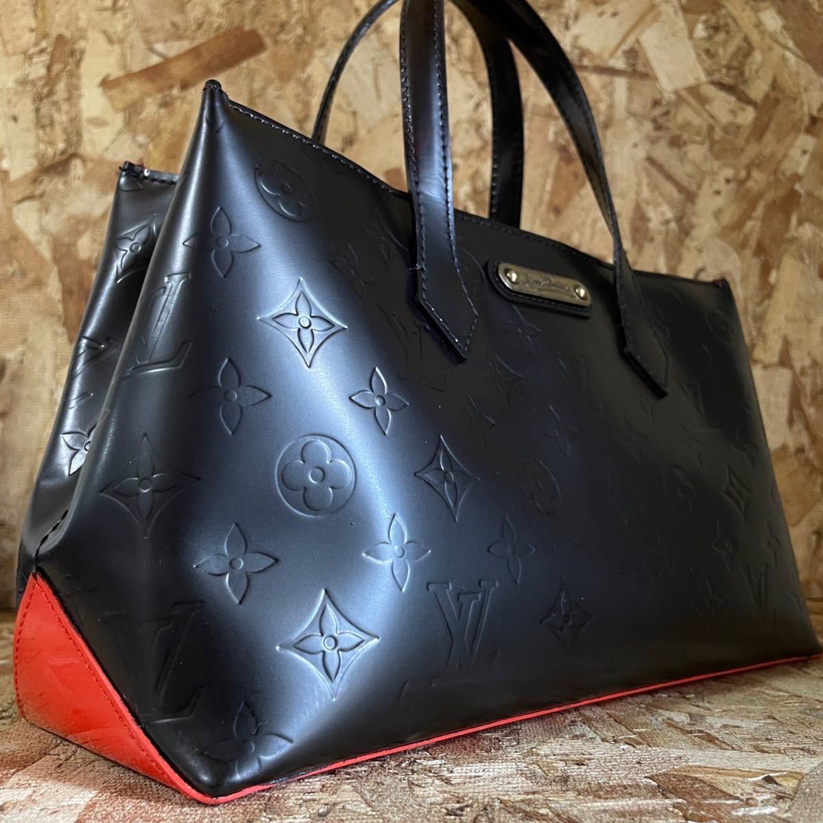 Louis Vuitton 1円★超美品★ ウィルシャーPM マットブラック 黒 ハンドバッグ トート モノグラム ビトン ヴィトン ヴェルニ 赤　SN1089