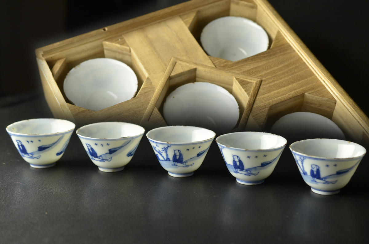 横濱美術】大明成化年製(款 明代青花山水人物紋煎茶碗五件組・古染付 
