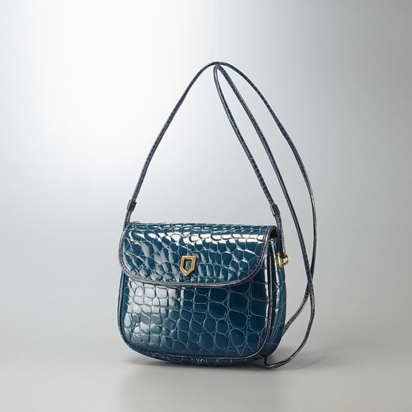 STD6258▽銀座かねまつ*クロコ型押しレザー/VITCROCO*ゴールド金具*フラップ*ショルダーバッグ/ポシェット/斜め掛け鞄*ブルーグリーン系