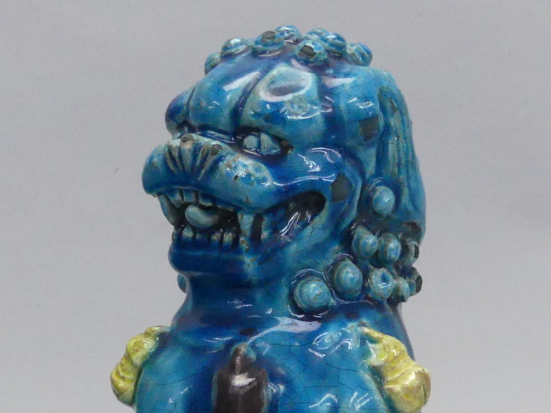 za154 交趾焼 獅子 一対 置物 飾り物 青交趾 時代陶器 狛犬(陶磁一般