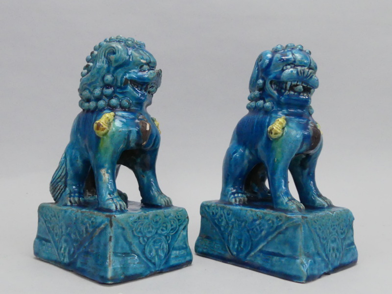 za154 交趾焼 獅子 一対 置物 飾り物 青交趾 時代陶器 狛犬(陶磁一般