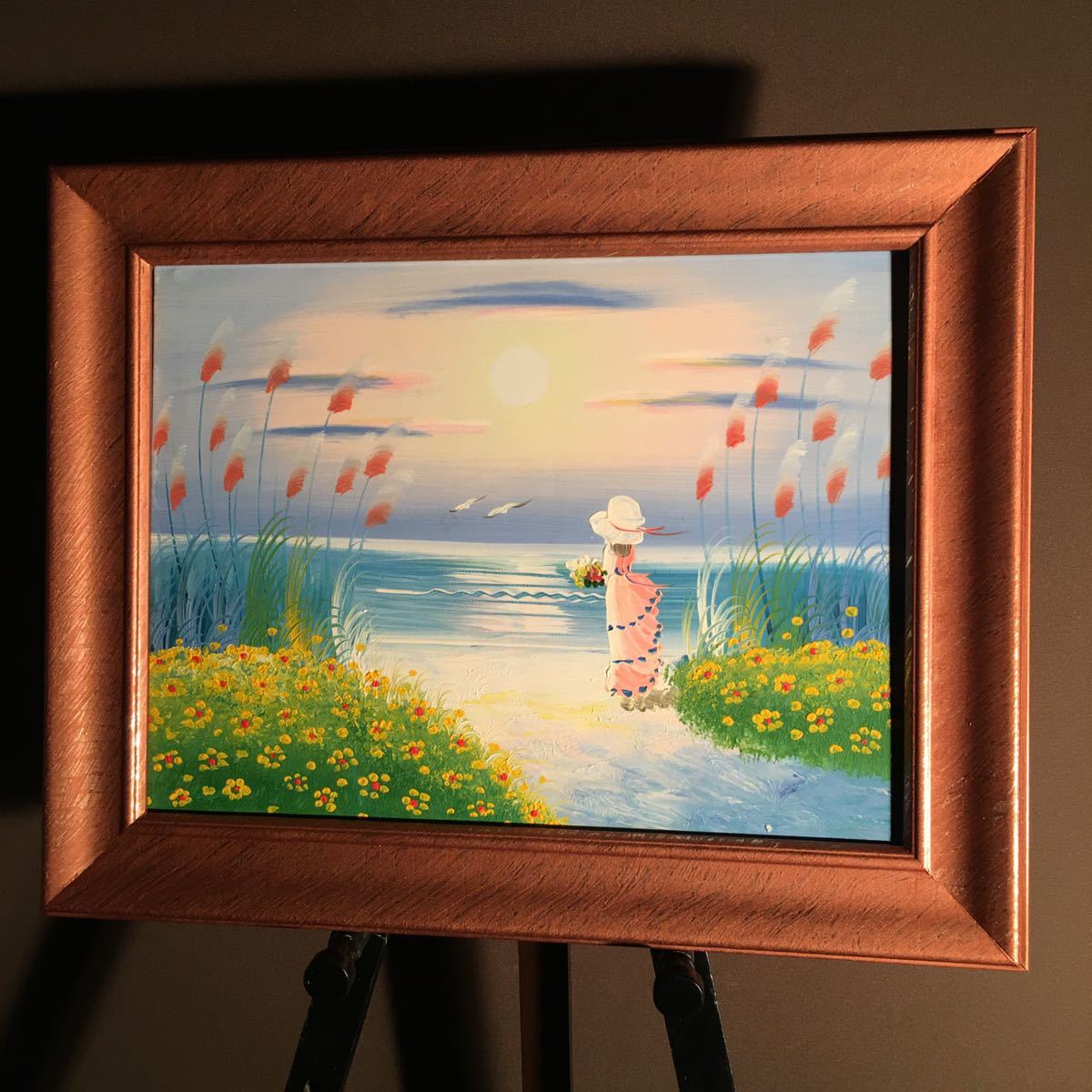 手書き油絵 海を眺める少女 額付 肉筆絵画 インテリア 油彩画 手書き