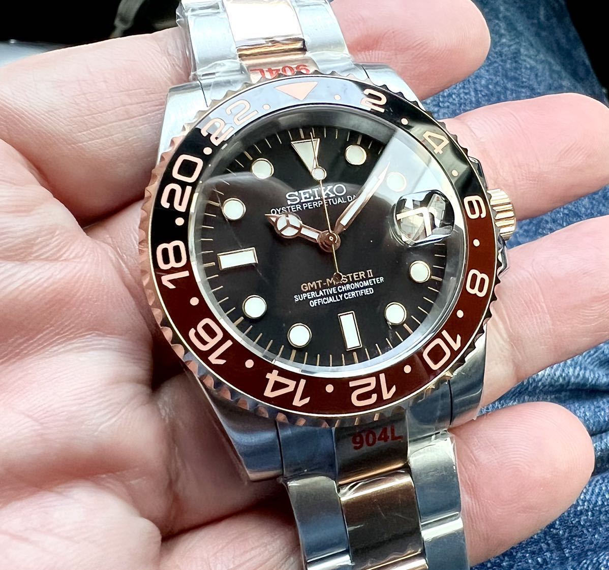1円スタート☆SEIKO NH35搭載 GMT-MASTER2 MOD ローズゴールド カフェ 