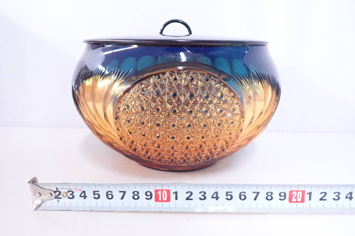 水指 二色被せ硝子 銘 綾切子 黒木国昭作 共箱 茶道具 煎茶道具 