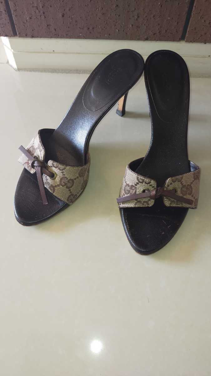 GUCCI グッチ サンダル ミュール - ブラック レザー GGキャンバス 35.5