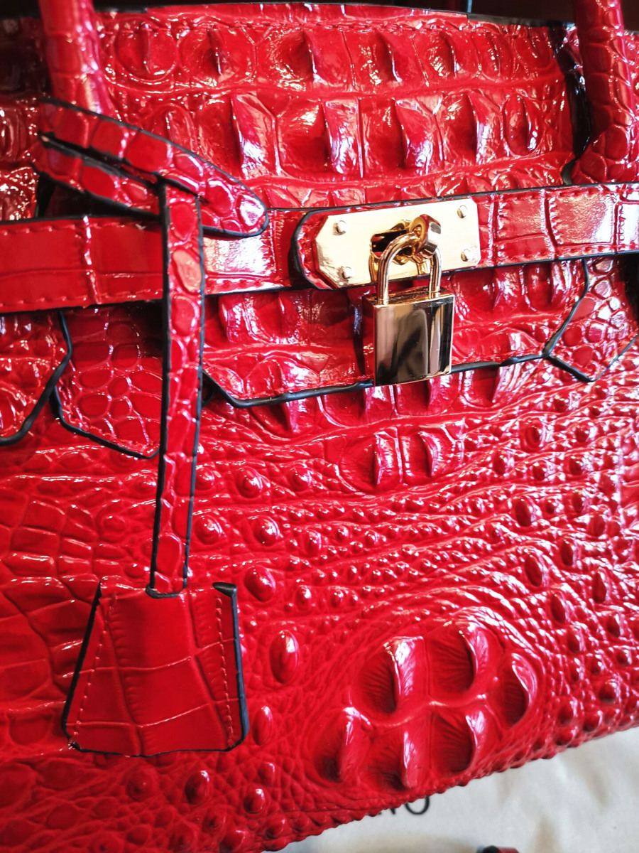 ミラノ発*BOLINI・最上級牛革・クロコダイル*ルビー・バーキン ハンドバッグ ミラノ発*BOLINI・最上級牛革・クロコダイル*ルビー・バーキン