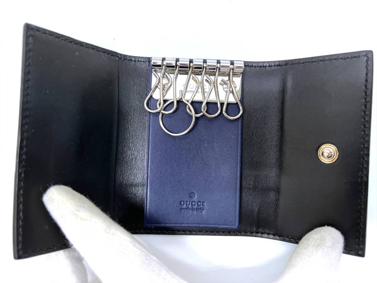 GUCCI グッチ キーケース 6連 シマ GG柄 レザー ブラック シリアル有