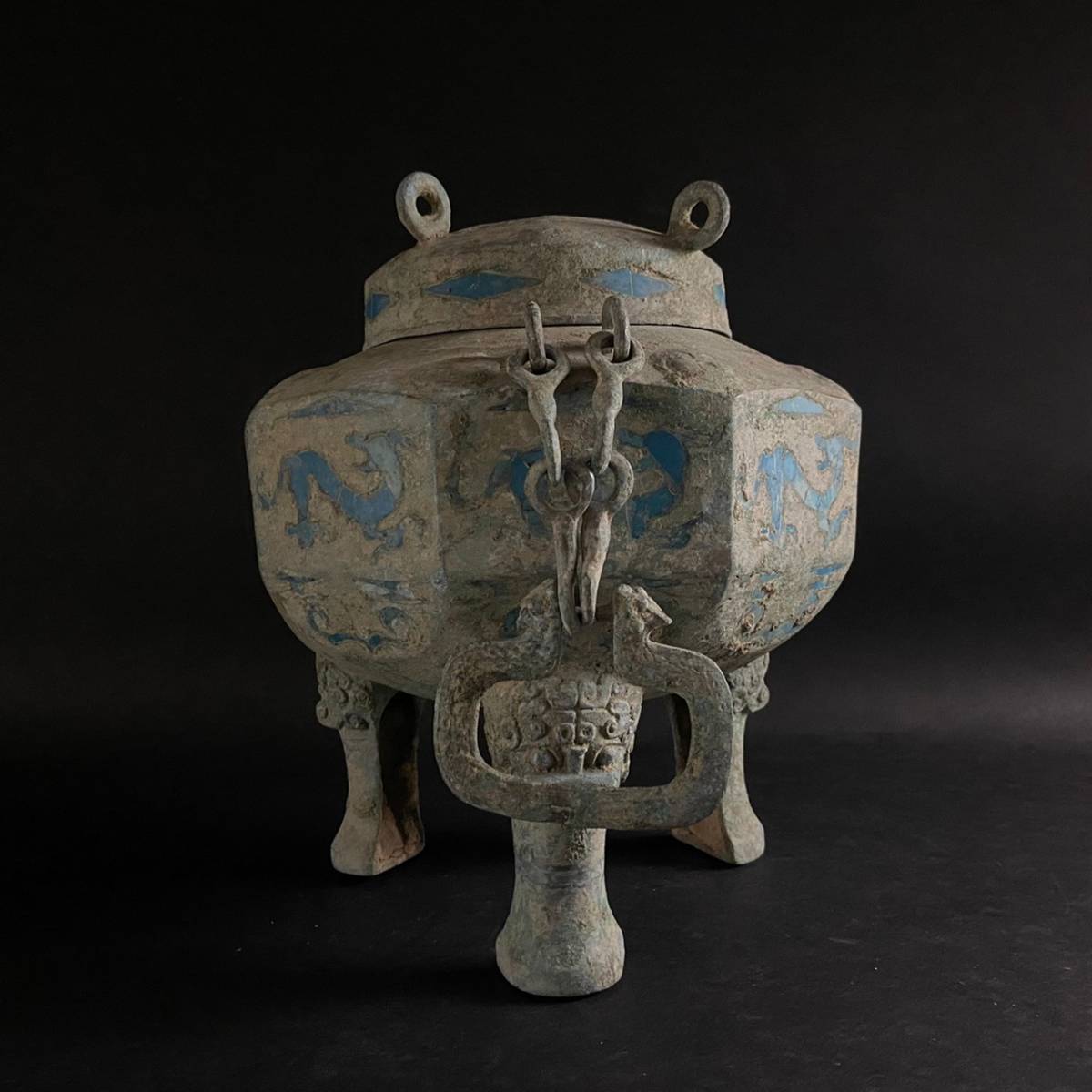 中国美術 時代 唐物 青銅器 トルコ石象嵌 遊環付獣足蓋物 高さ：30cm