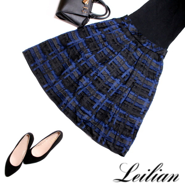 最安値，限定SALE Leilian レイリアン 大人 綺麗 ミモレ丈 立体 シャドー 格子柄 Aライン シフォンスカート フレアスカート 13号 ネイビー 黒 日本製(スカート)｜売買されたオークション情報、yahooの商品情報をア スカート