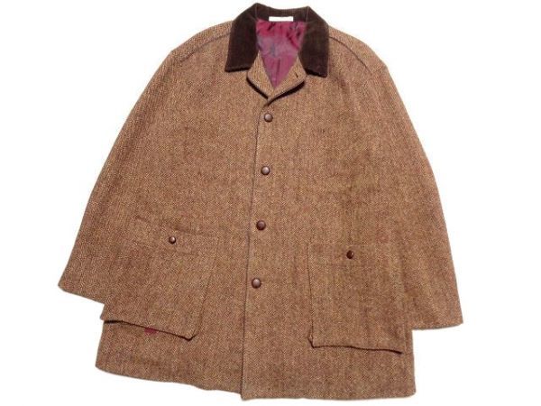 美品☆Papas×Hariss Tweed☆襟コーデュロイ☆ツイードカバーオール 