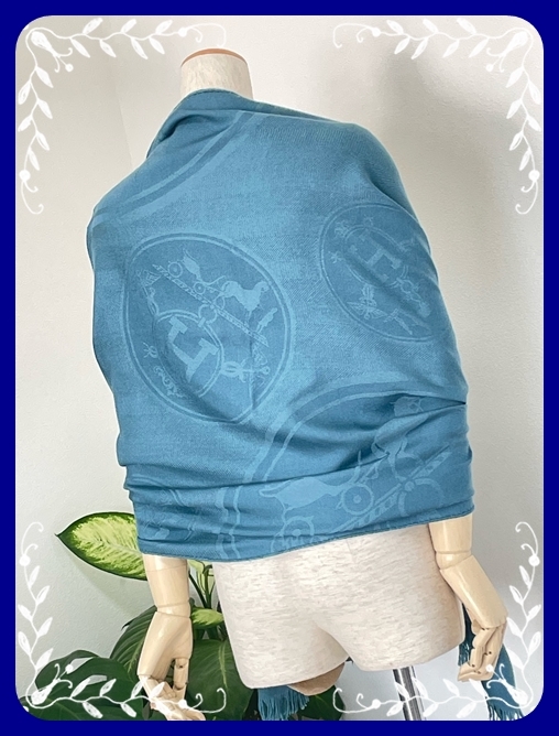 ◆エルメス◆【訳あり美品】大判ストール(青)H柄/馬車/カシミヤ/シルク/ニューリブリス/灰青/緑