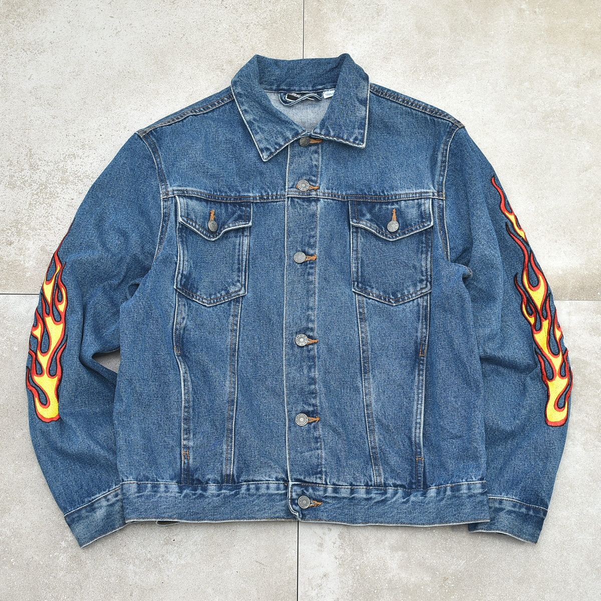 Fire pattern design denim tracker jktメンズ L相当 ファイヤー 