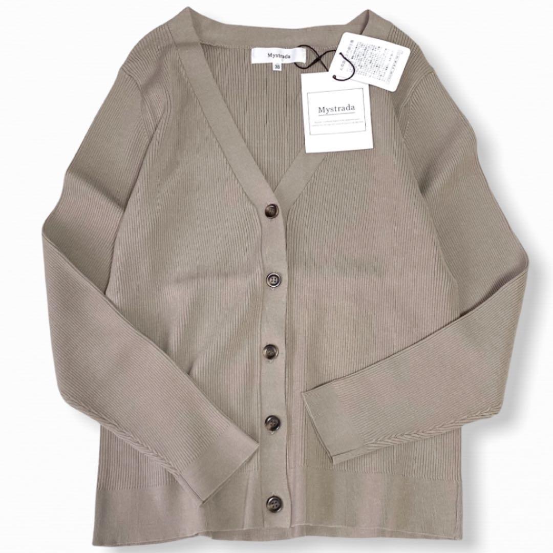 【新品タグ付】Mystrada マイストラーダ＊Vネック リブニットカーディガン カーキ 38 M 人気カラー マイストラーダ Vネック 新品タグ付Mystrada Vネックニット Mystradaマイストラーダ リブカーディガン