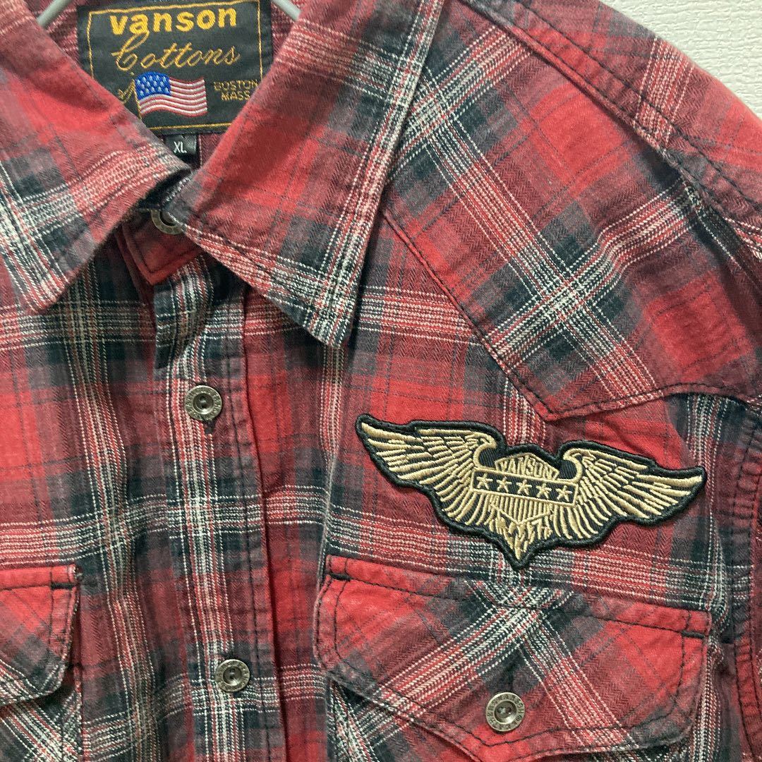 1円スタート！vanson バンソン チェック半袖シャツ スカル 刺繍入り