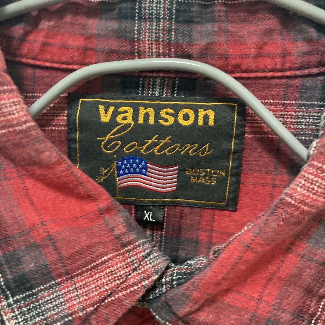 1円スタート！vanson バンソン チェック半袖シャツ スカル 刺繍入り
