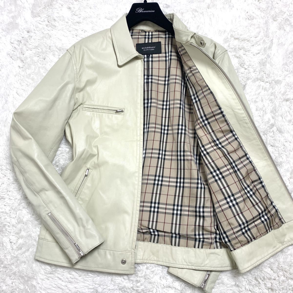 希少Lサイズ◎BURBERRY BLACK LABEL バーバリーブラックレーベル ライダース 羊革ラムレザージャケット ノバチェック ブルゾン ホワイト 白