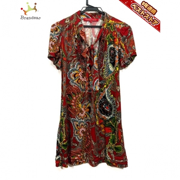 クリスチャンラクロワ Christian Lacroix 半袖カットソー サイズ36 S - レッド×マルチ レディース Vネック/花柄 トップス