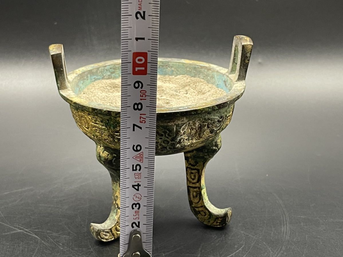 中国美術 コウチ 三足 香炉(K-XA859) 古中国☆戦国時代青銅製三足香炉☆金貼り香炉貴重 香道具 中国美術 古