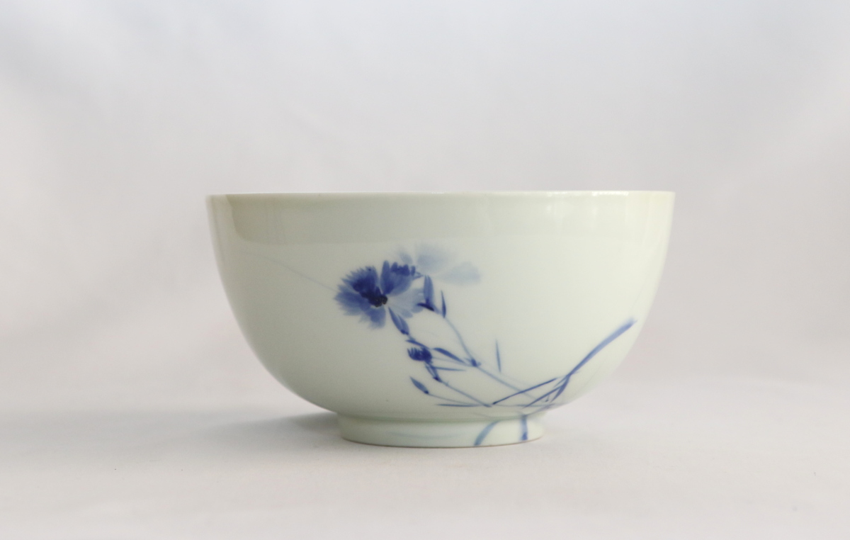 初代竹泉製 景山画賛 蟷螂に石竹（せきちく）花の絵 鉢 呉須赤絵写
