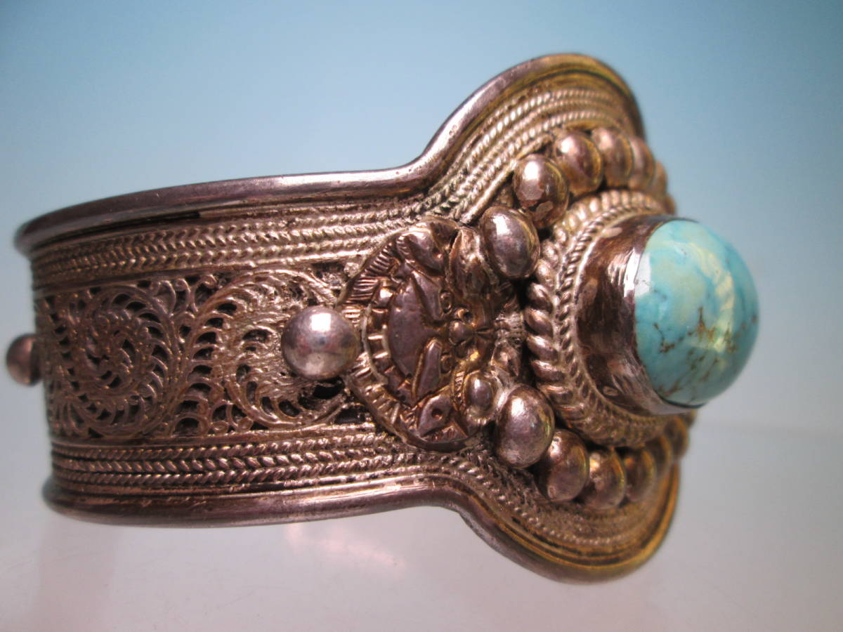 ⭐️稀少⭐️天然石 ☆SILVER 銀彫金細工トルコ石飾りバングル 71，6g