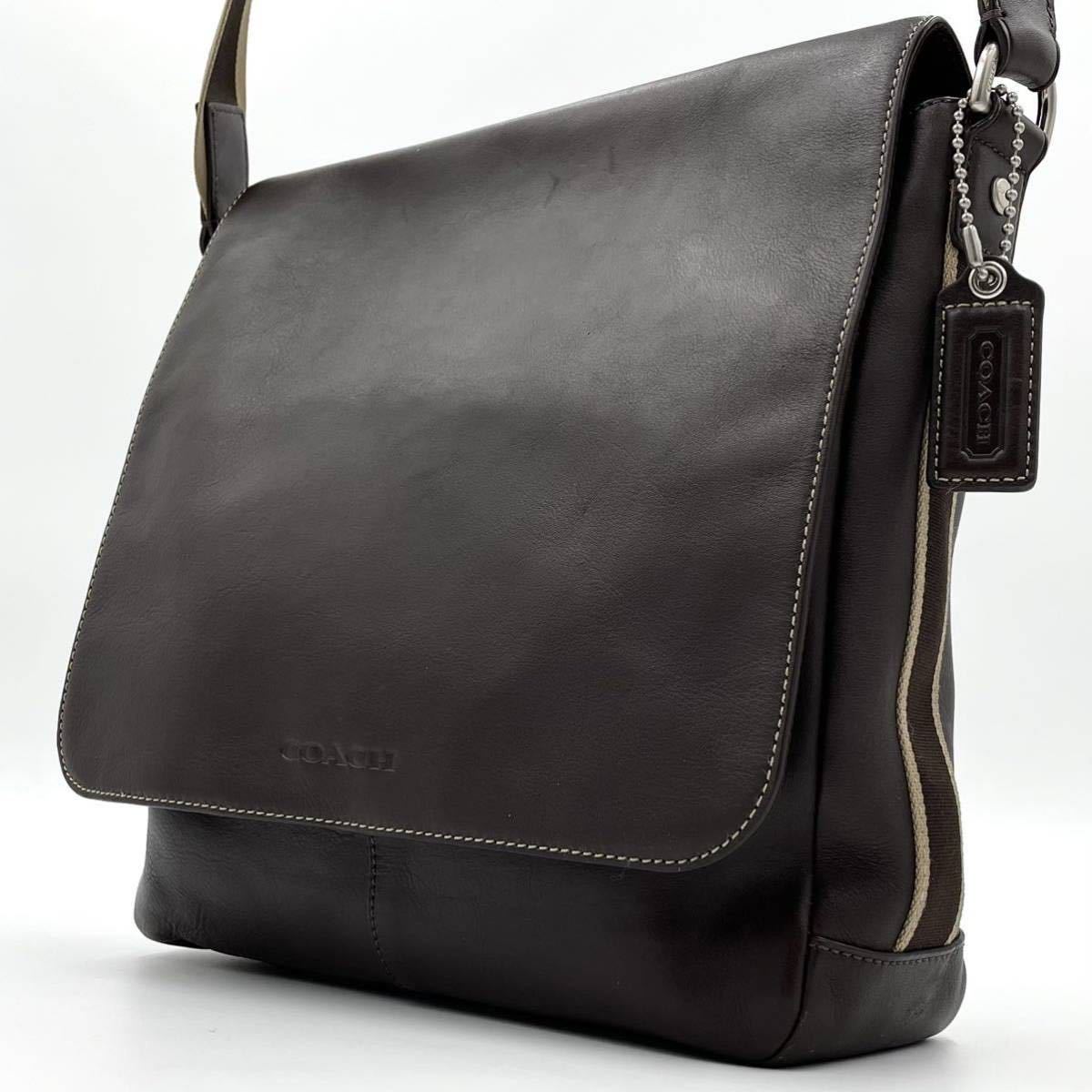 1円〜【極美品】COACH コーチ メンズ ショルダーバッグ メッセンジャーバッグ ストライプ 斜め掛け クロスボディ ダークブラウン レザー 革