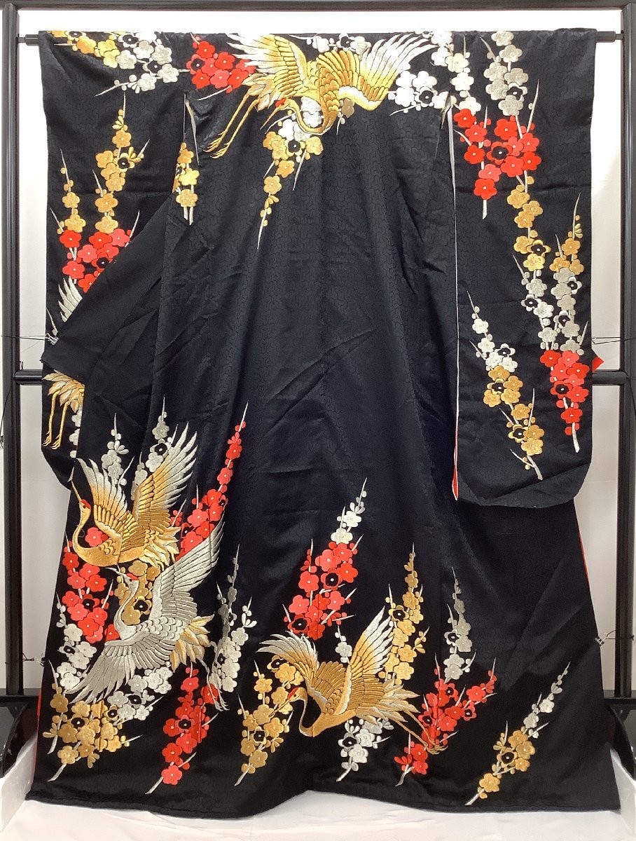 きものcocon★引き振袖・掛下★身丈177/裄65/正絹/黒系/鶴/ふき綿入り/比翼仕立て/結婚式【4-19-3K-1949-p】