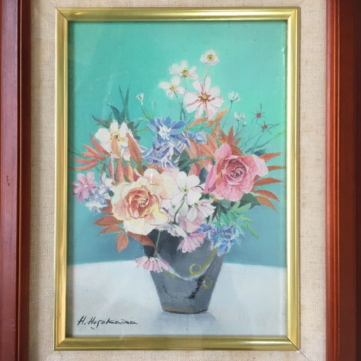 細川宏 花々 油絵 額装 SM 油彩 洋画家 絵画 インテリア N9-10(自然 