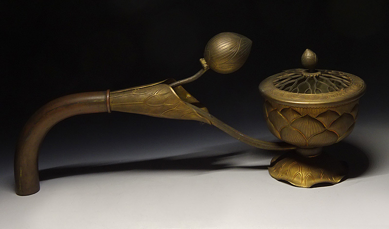 緑屋i□ 仏教美術 古銅 蓮華彫 柄香炉 手燭 燭台 全長約29.5cm 密教法