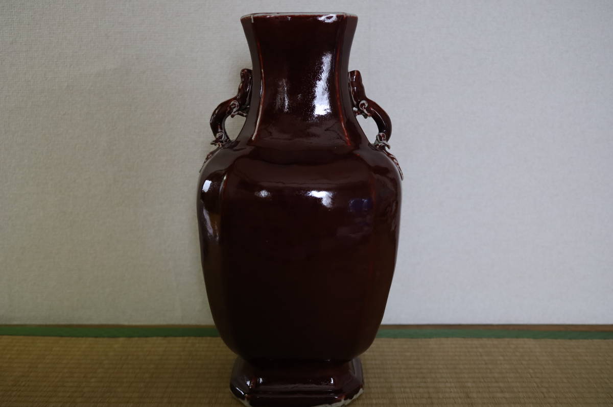 特大 祭紅雙龍耳 花瓶 窯變釉中国清朝期 高51cm 古美術 紅釉唐物古陶磁