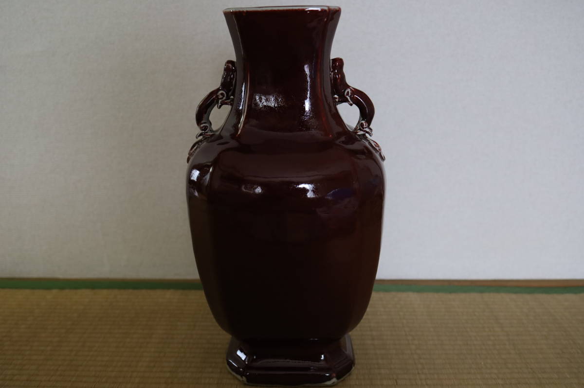 特大 祭紅雙龍耳 花瓶 窯變釉中国清朝期 高51cm 古美術 紅釉唐物古陶磁